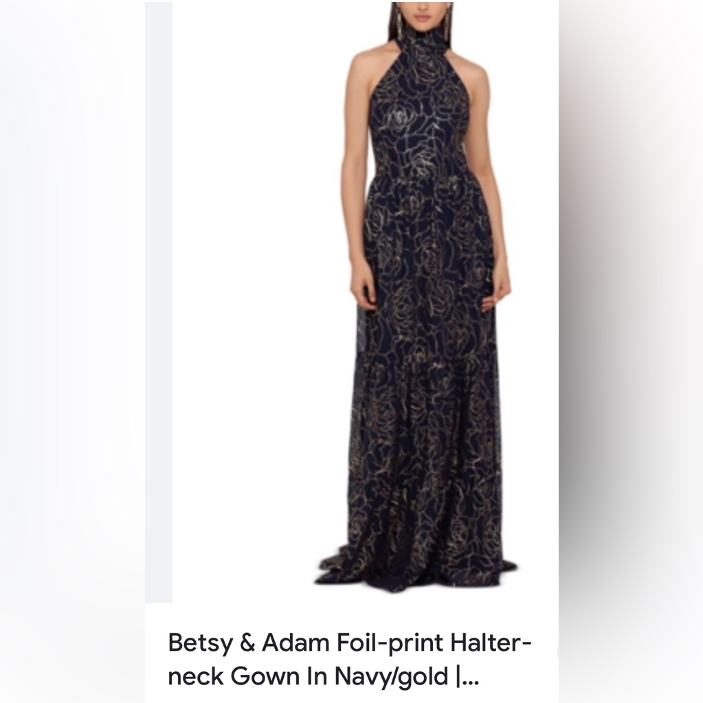 Navy Gold Foil High Neck Gown Printed Sleeveless Halter Full-Length Formal Dress
